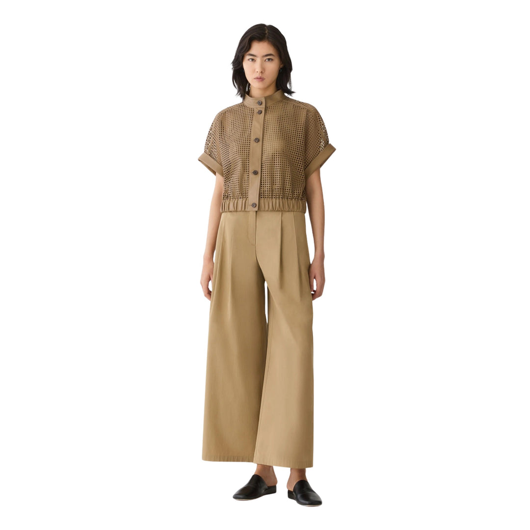 Laser Cut Short Sleeve Short Jacket in Green Clay