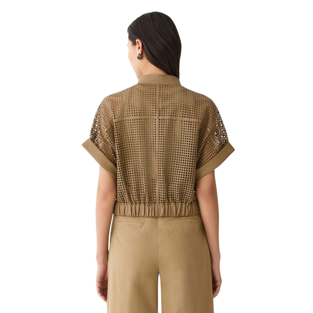 Laser Cut Short Sleeve Short Jacket in Green Clay