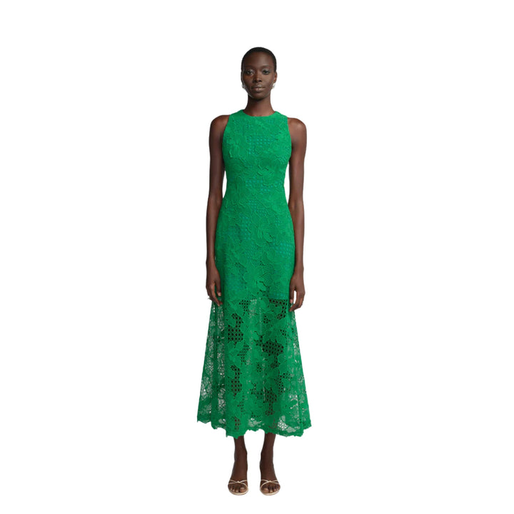 Lattice Guipure Lace Midi Dress in Fern