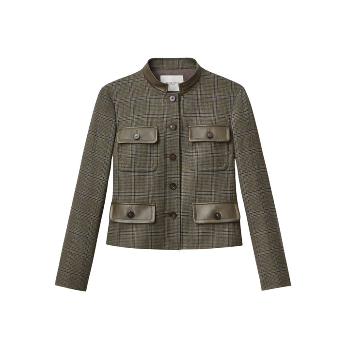 Leather Flap Pocket Cropped Jacket with Mandarin Collar in Olive Multi