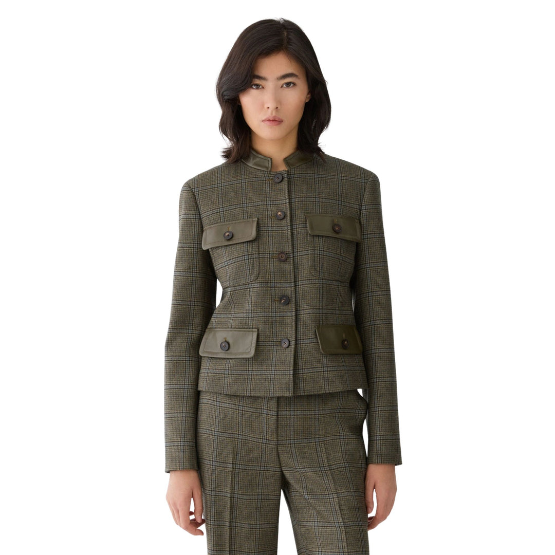 Leather Flap Pocket Cropped Jacket with Mandarin Collar in Olive Multi