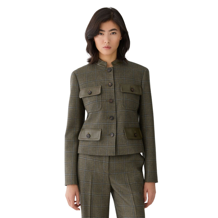 Leather Flap Pocket Cropped Jacket with Mandarin Collar in Olive Multi