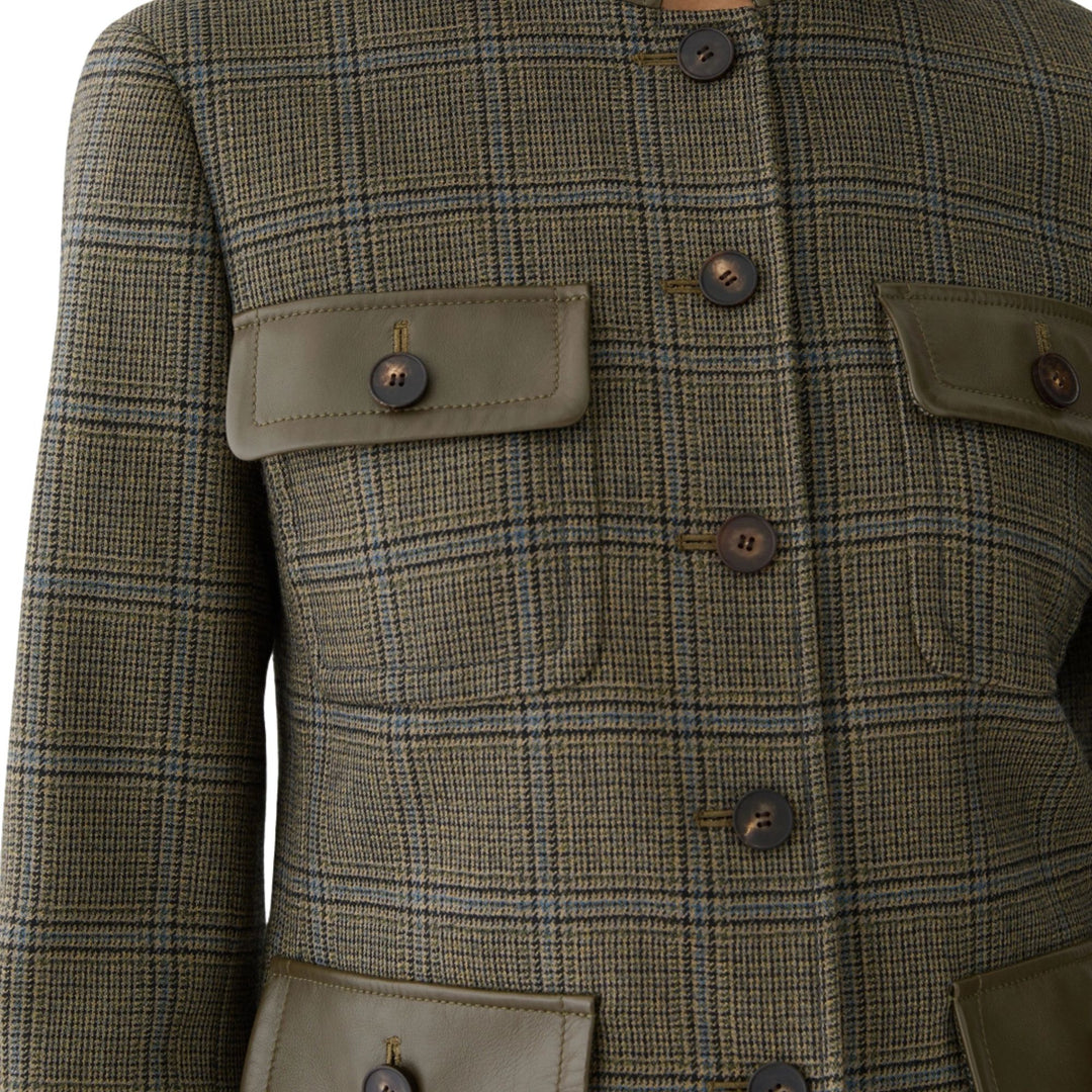 Leather Flap Pocket Cropped Jacket with Mandarin Collar in Olive Multi