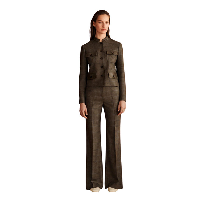 Leather Flap Pocket Cropped Jacket with Mandarin Collar in Olive Multi