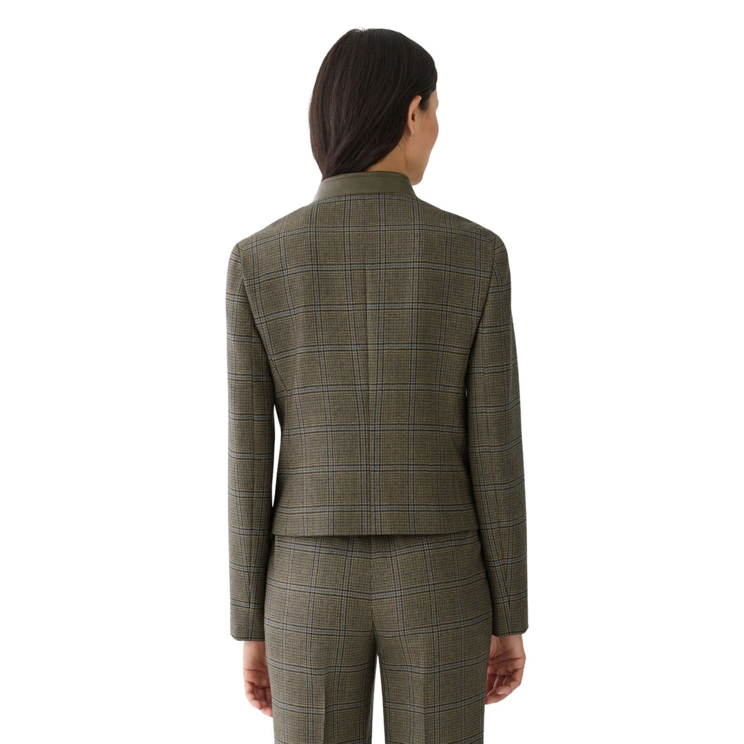 Leather Flap Pocket Cropped Jacket with Mandarin Collar in Olive Multi