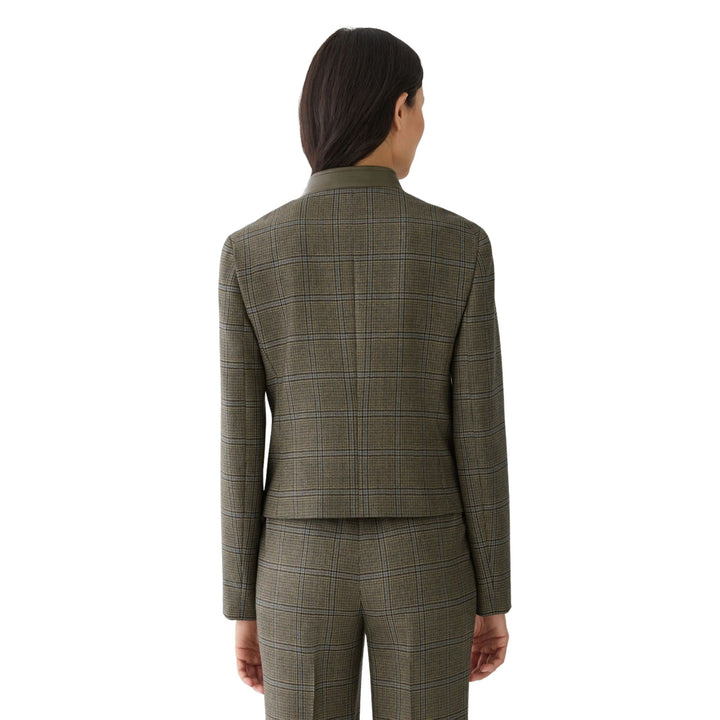 Leather Flap Pocket Cropped Jacket with Mandarin Collar in Olive Multi