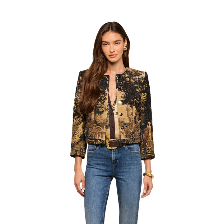 Lian Collarless Jacket in Multi Scenic Tapestry Print