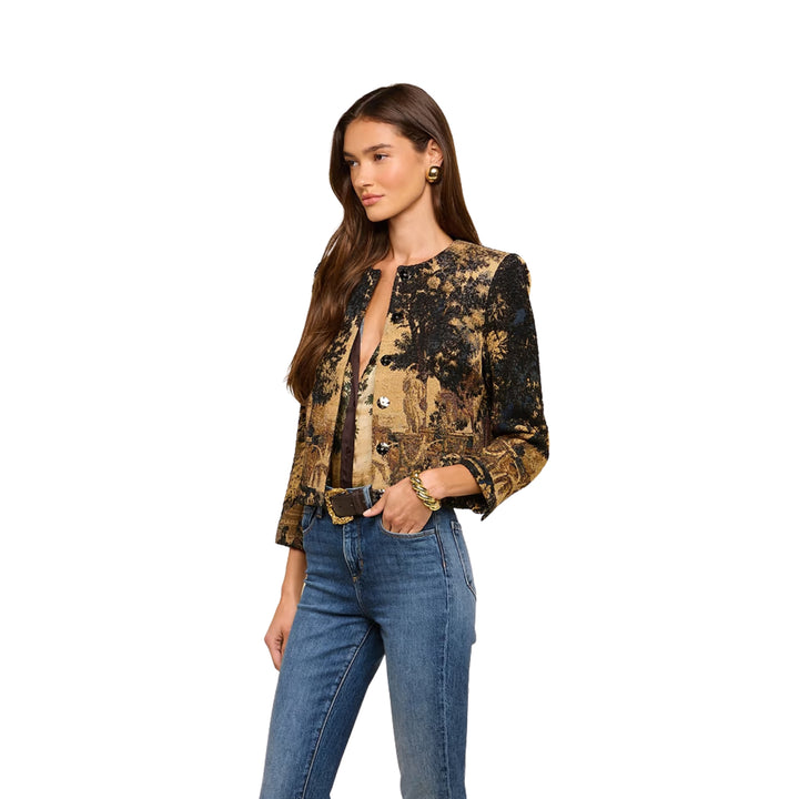 Lian Collarless Jacket in Multi Scenic Tapestry Print
