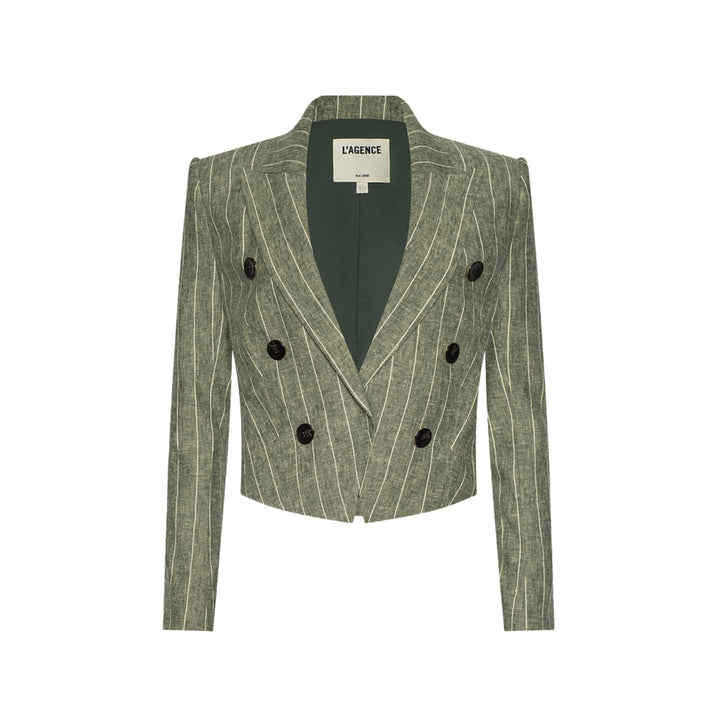 Lila Boxy Blazer in Olive Green Pinstripe