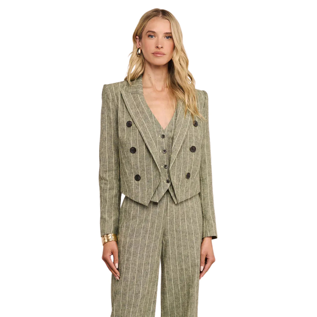 Lila Boxy Blazer in Olive Green Pinstripe