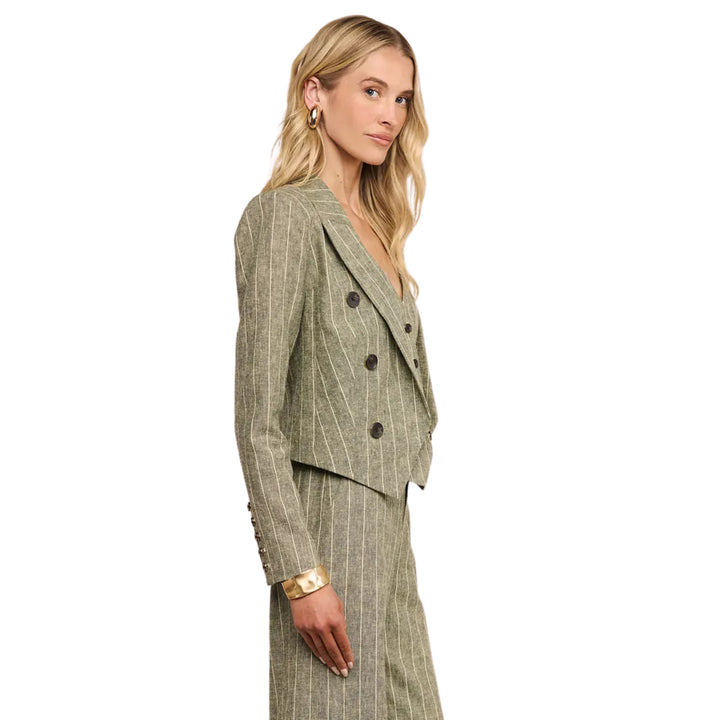 Lila Boxy Blazer in Olive Green Pinstripe