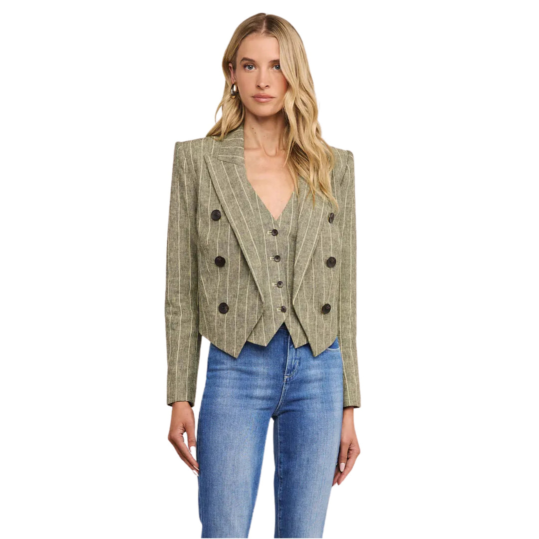Lila Boxy Blazer in Olive Green Pinstripe