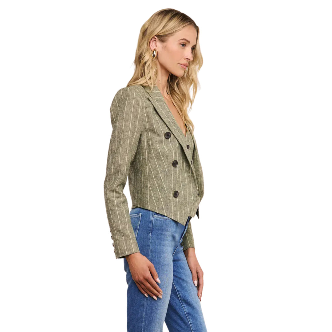 Lila Boxy Blazer in Olive Green Pinstripe