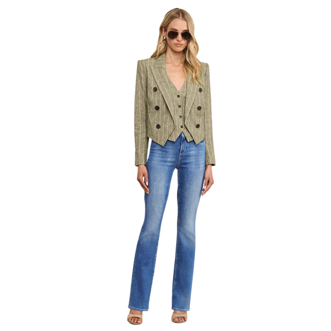 Lila Boxy Blazer in Olive Green Pinstripe