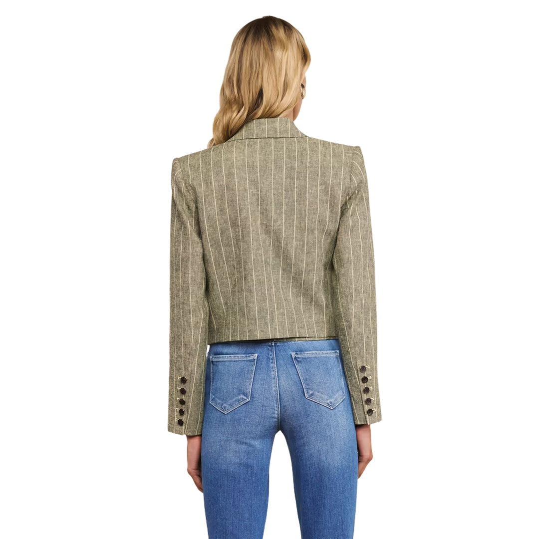 Lila Boxy Blazer in Olive Green Pinstripe