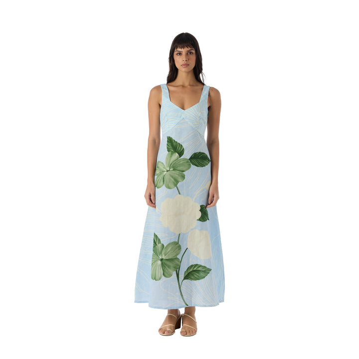 Linen Summer Maxi Dress in Ice Blue/Emerald
