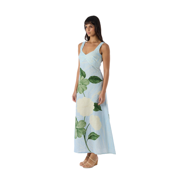 Linen Summer Maxi Dress in Ice Blue/Emerald