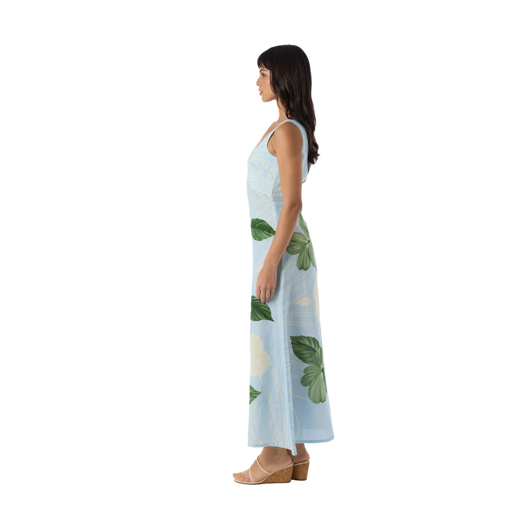 Linen Summer Maxi Dress in Ice Blue/Emerald