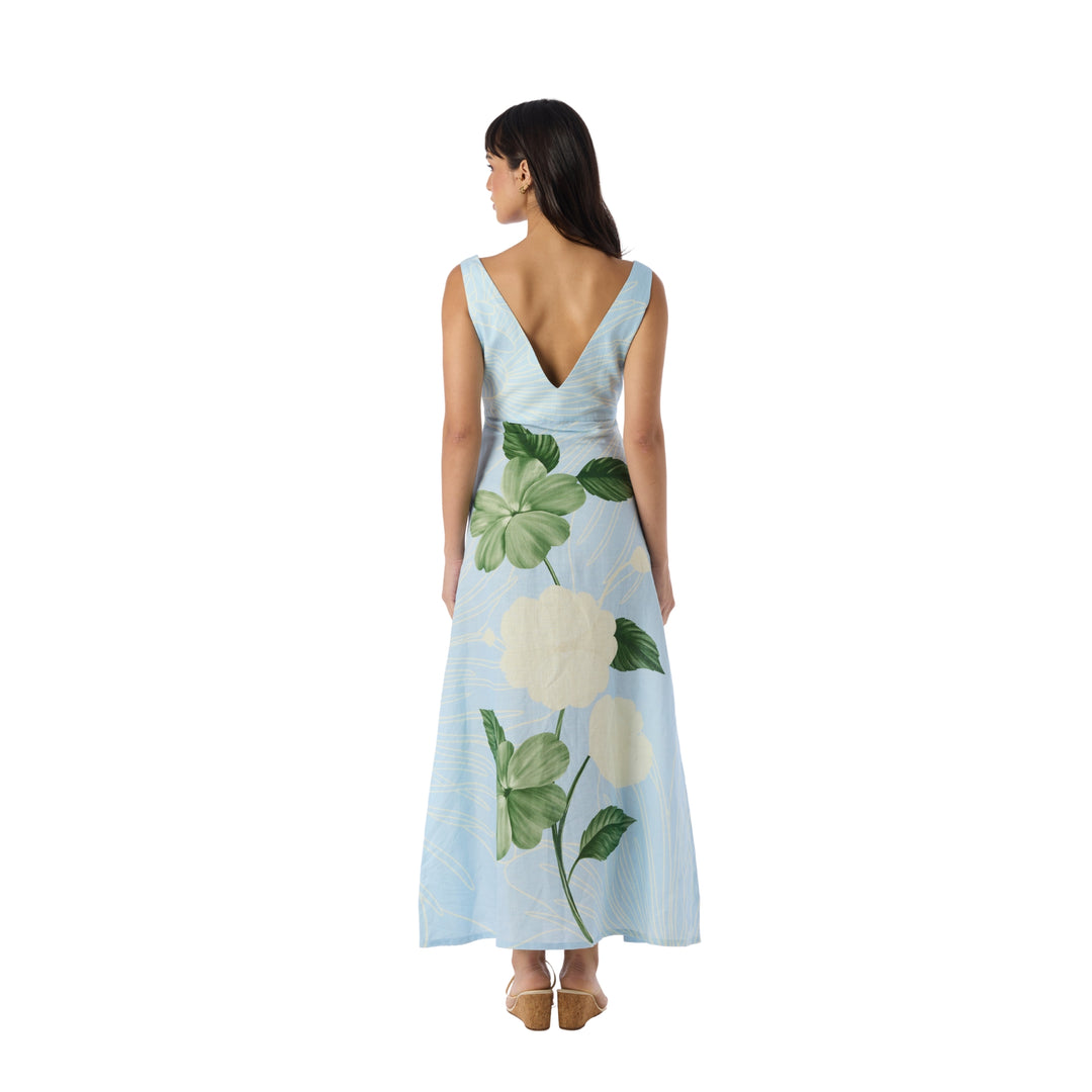 Linen Summer Maxi Dress in Ice Blue/Emerald