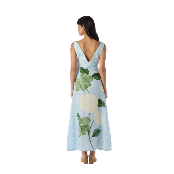 Linen Summer Maxi Dress in Ice Blue/Emerald