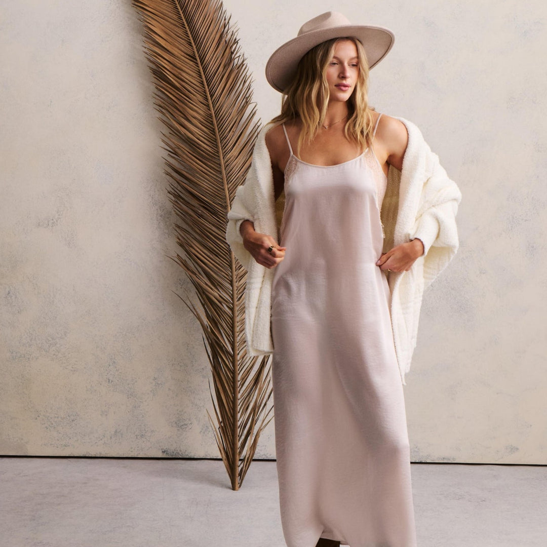 Liquid Satin Lace Slip Dress, Sand Dune