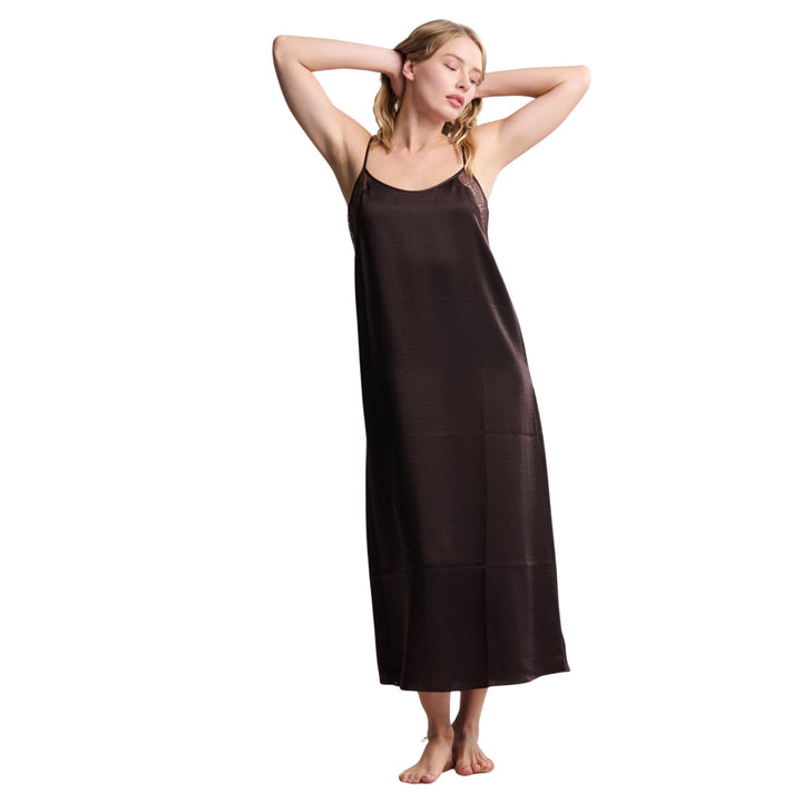 Liquid Satin Lace Slip Dress, Umber