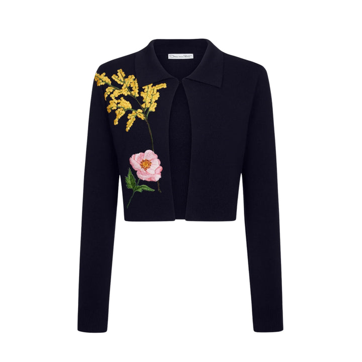 Long Sleeve Floral Embroidered Collared Knit Jacket in Navy