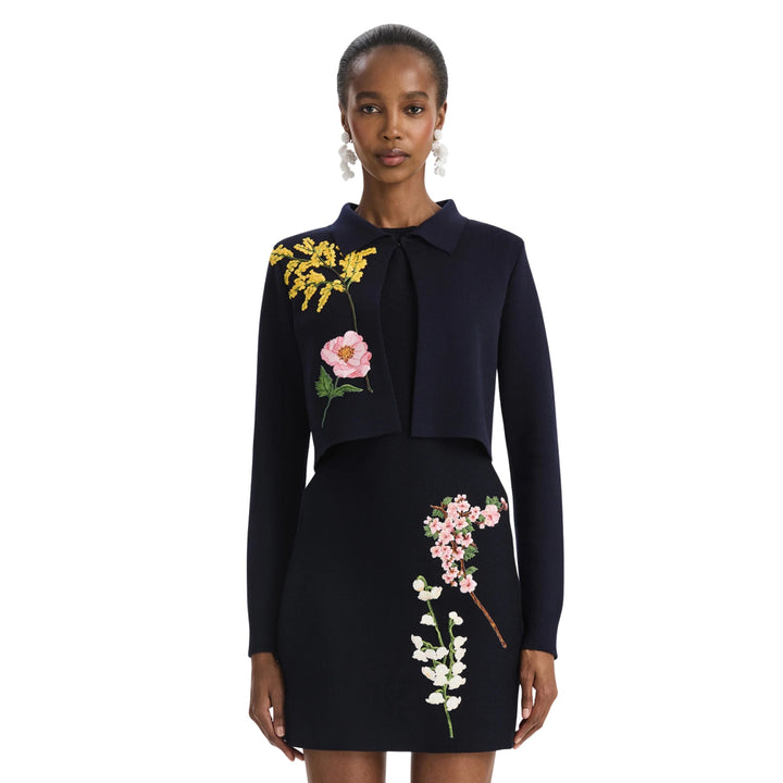 Long Sleeve Floral Embroidered Collared Knit Jacket in Navy