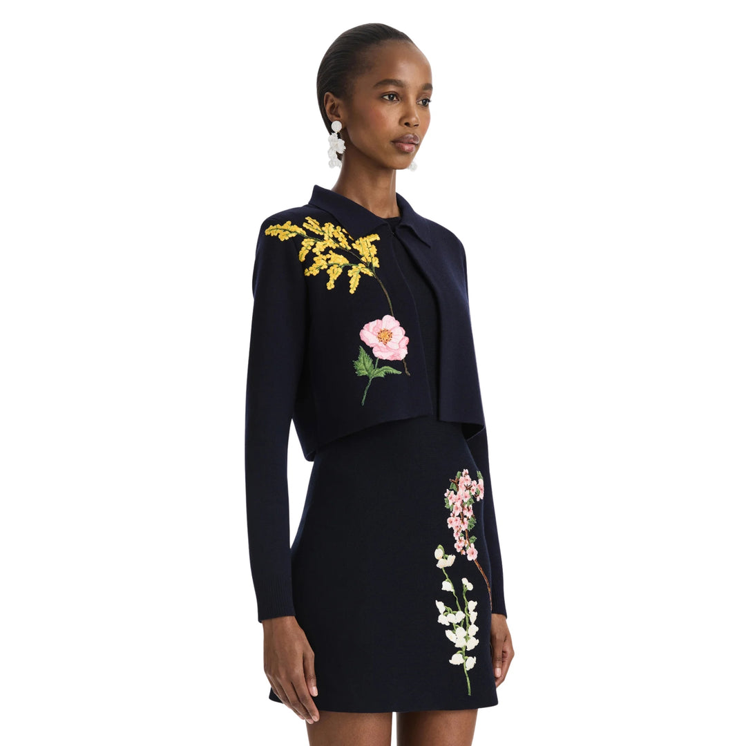Long Sleeve Floral Embroidered Collared Knit Jacket in Navy
