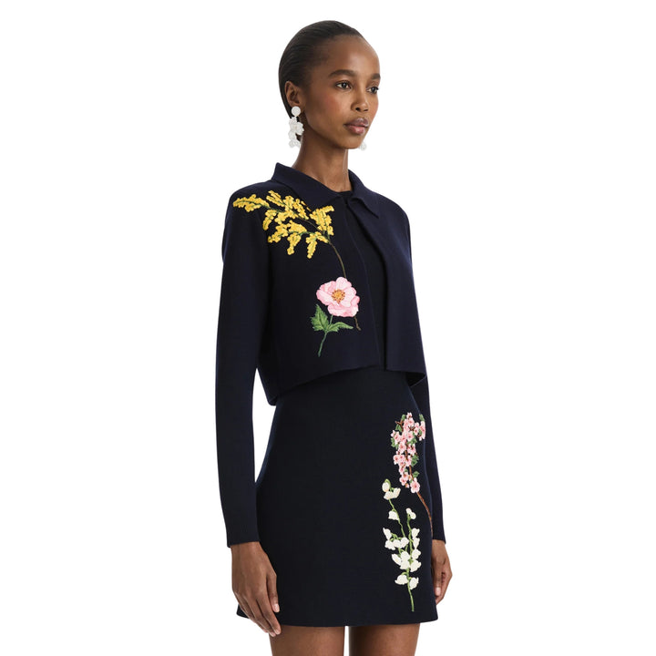 Long Sleeve Floral Embroidered Collared Knit Jacket in Navy