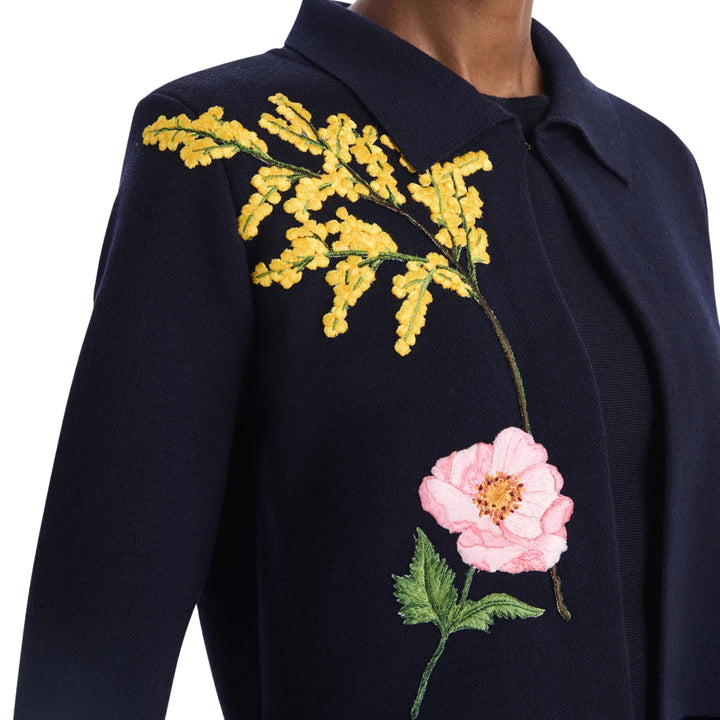 Long Sleeve Floral Embroidered Collared Knit Jacket in Navy