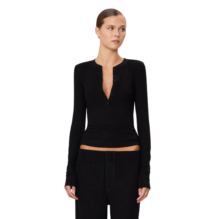 Long Sleeve Henley Top in Black