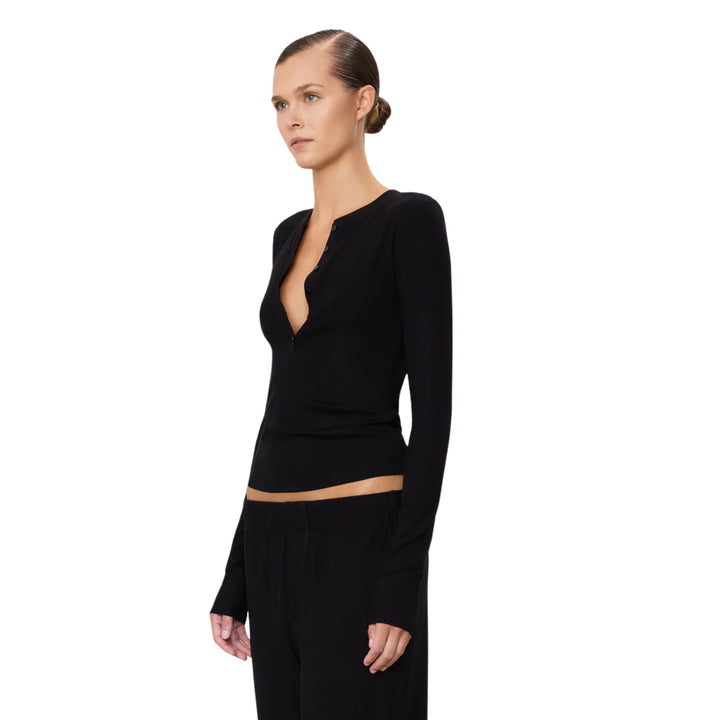Long Sleeve Henley Top in Black