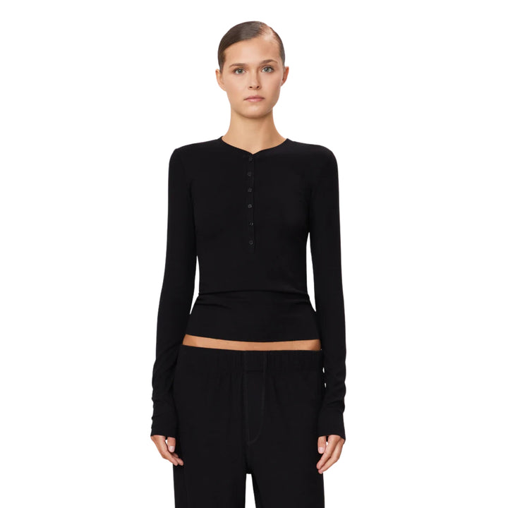 Long Sleeve Henley Top in Black