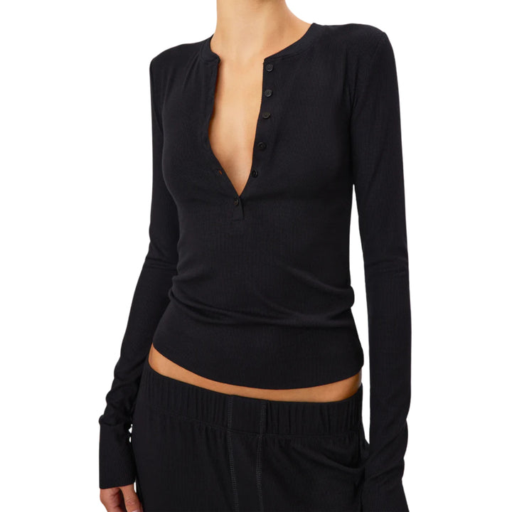 Long Sleeve Henley Top in Black
