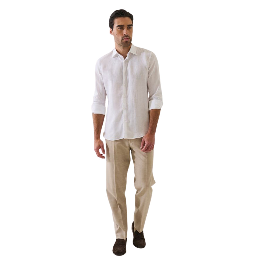 White Long Sleeve Linen Chambray Point Collar Sport Shirt