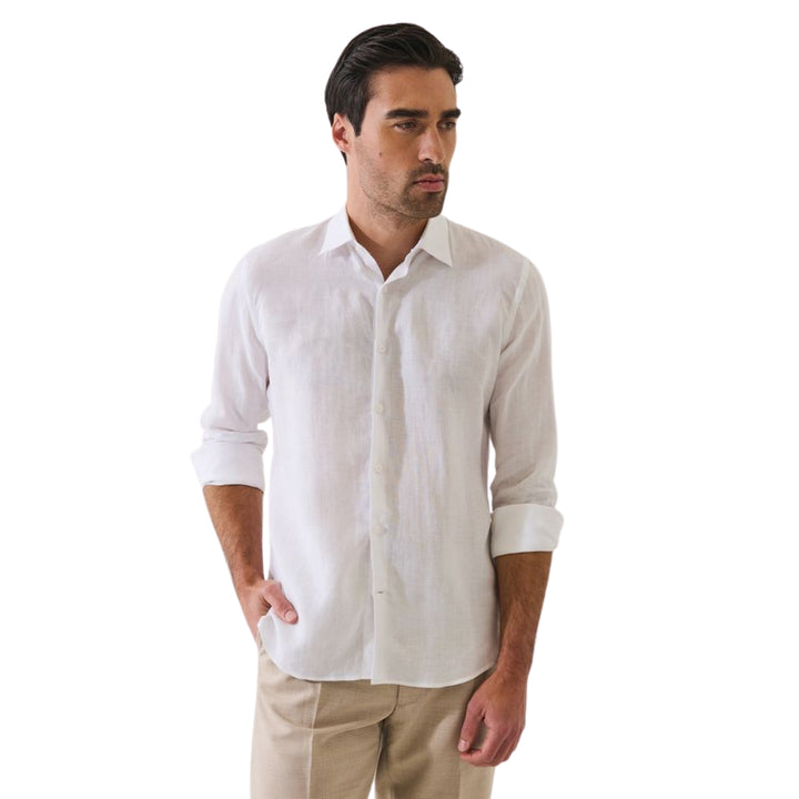 White Long Sleeve Linen Chambray Point Collar Sport Shirt