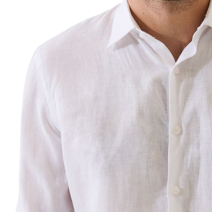 White Long Sleeve Linen Chambray Point Collar Sport Shirt