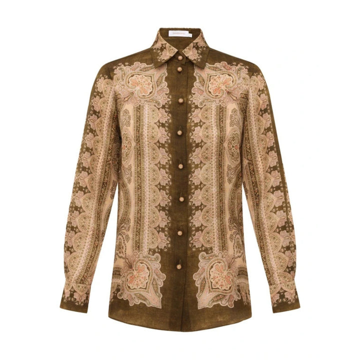 Luna Satin Shirt in Olive Perla Paisley