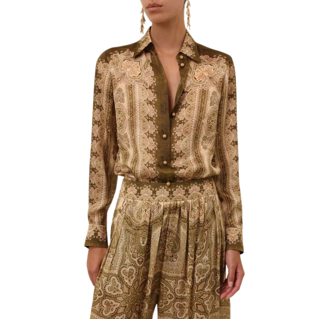 Luna Satin Shirt in Olive Perla Paisley