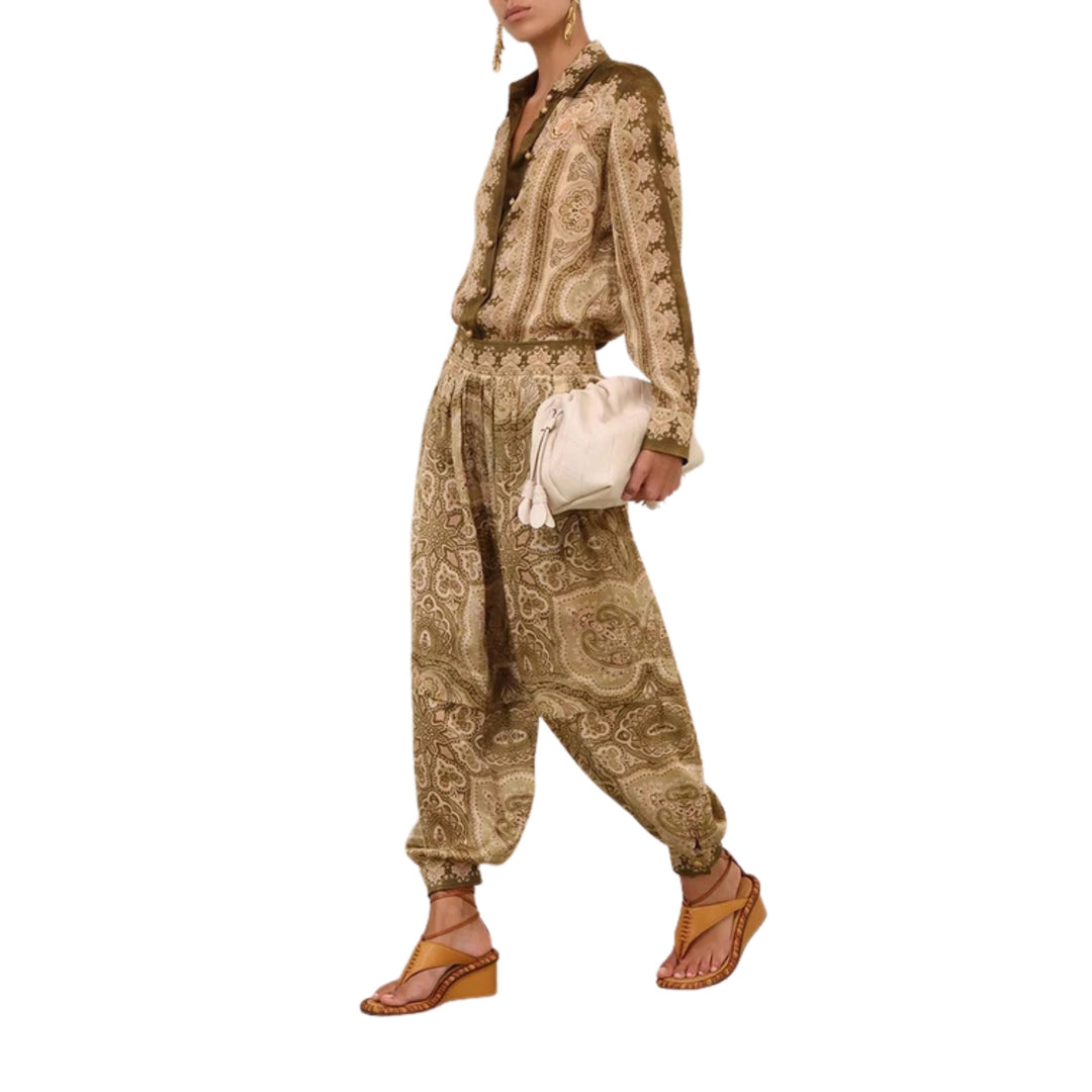 Luna Satin Shirt in Olive Perla Paisley