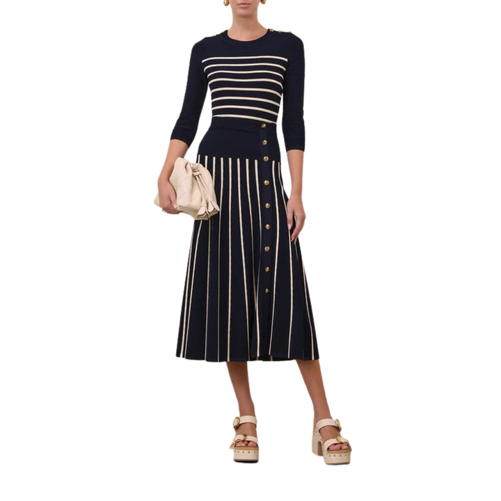 Luna Striped Midi Skirt in Navy Cream