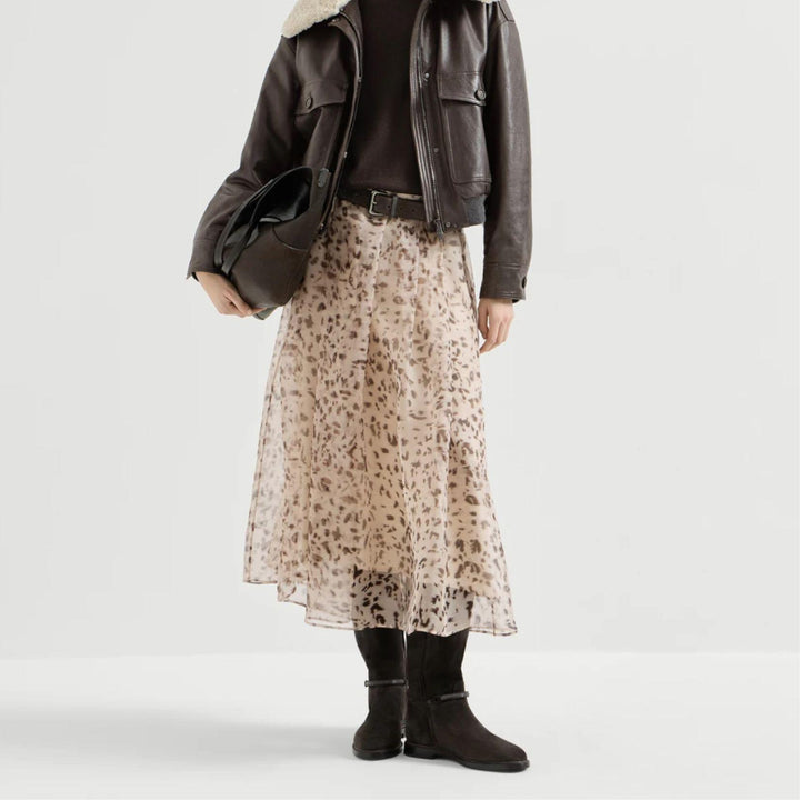 Lynx Print Silk Organza Pleated Skirt
