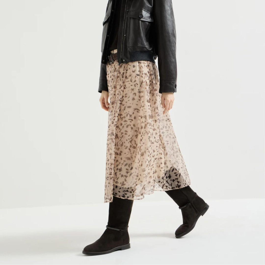 Lynx Print Silk Organza Pleated Skirt