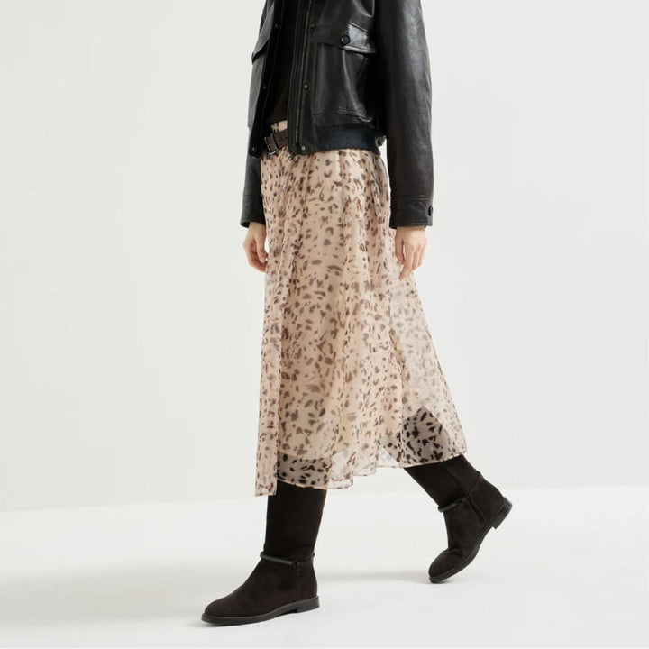 Lynx Print Silk Organza Pleated Skirt