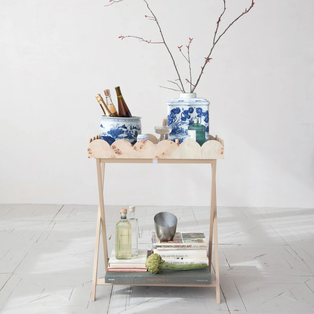 MDF & Burl Wood Veneer Folding Table with Removable Scalloped