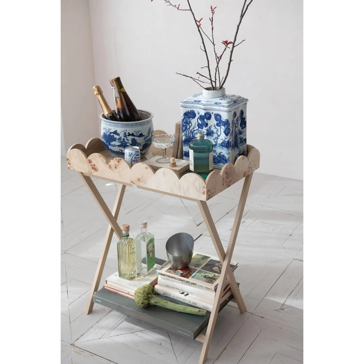 MDF & Burl Wood Veneer Folding Table with Removable Scalloped