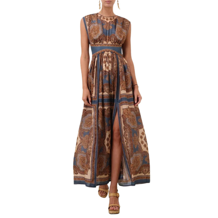 Mahon Waisted Maxi Dress in Dark Blue Paisley
