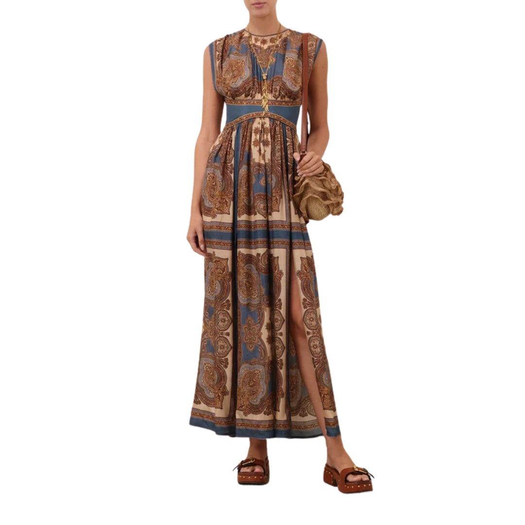 Mahon Waisted Maxi Dress in Dark Blue Paisley