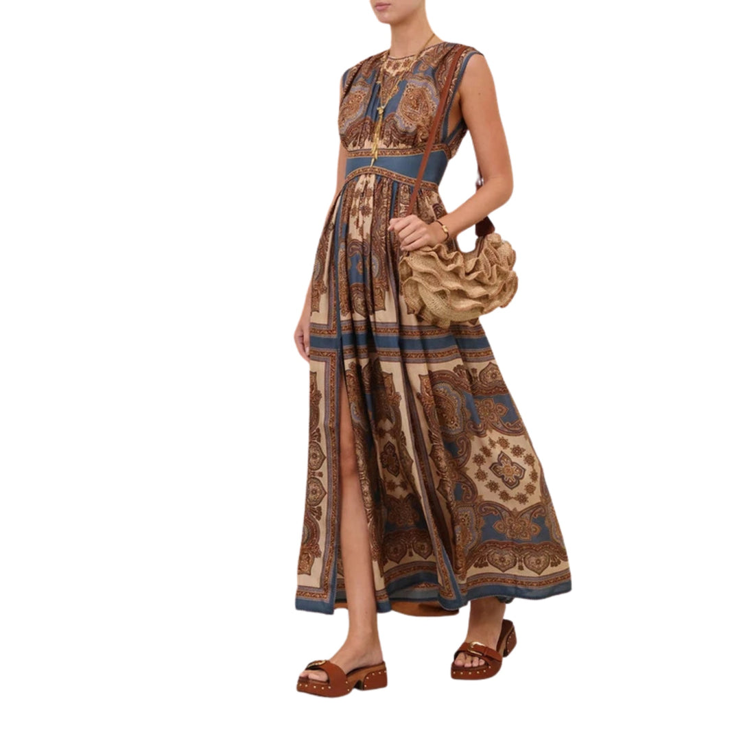 Mahon Waisted Maxi Dress in Dark Blue Paisley